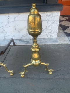 English Mid-19th Century Brass Acorn Top Andirons