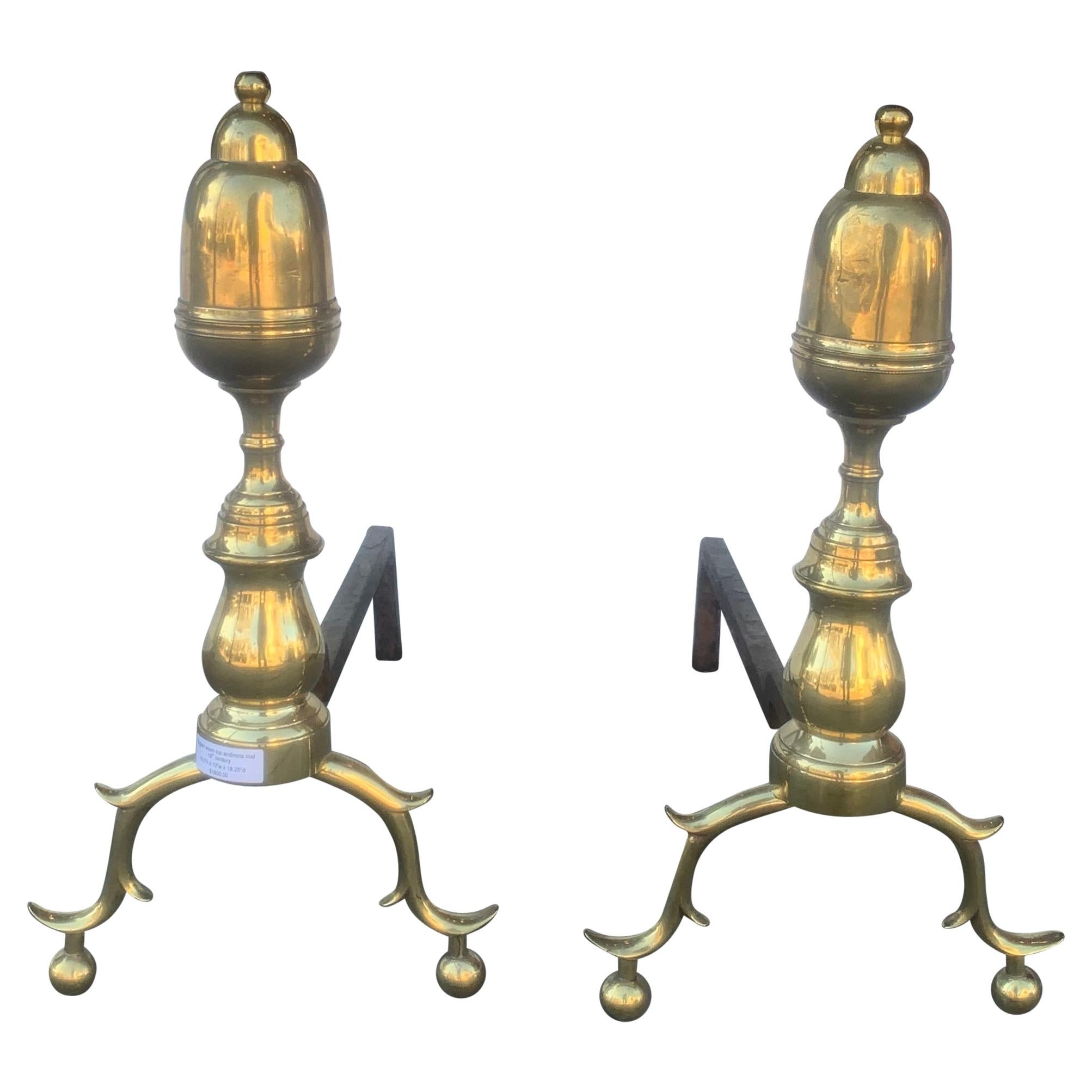 English Mid-19th Century Brass Acorn Top Andirons For Sale
