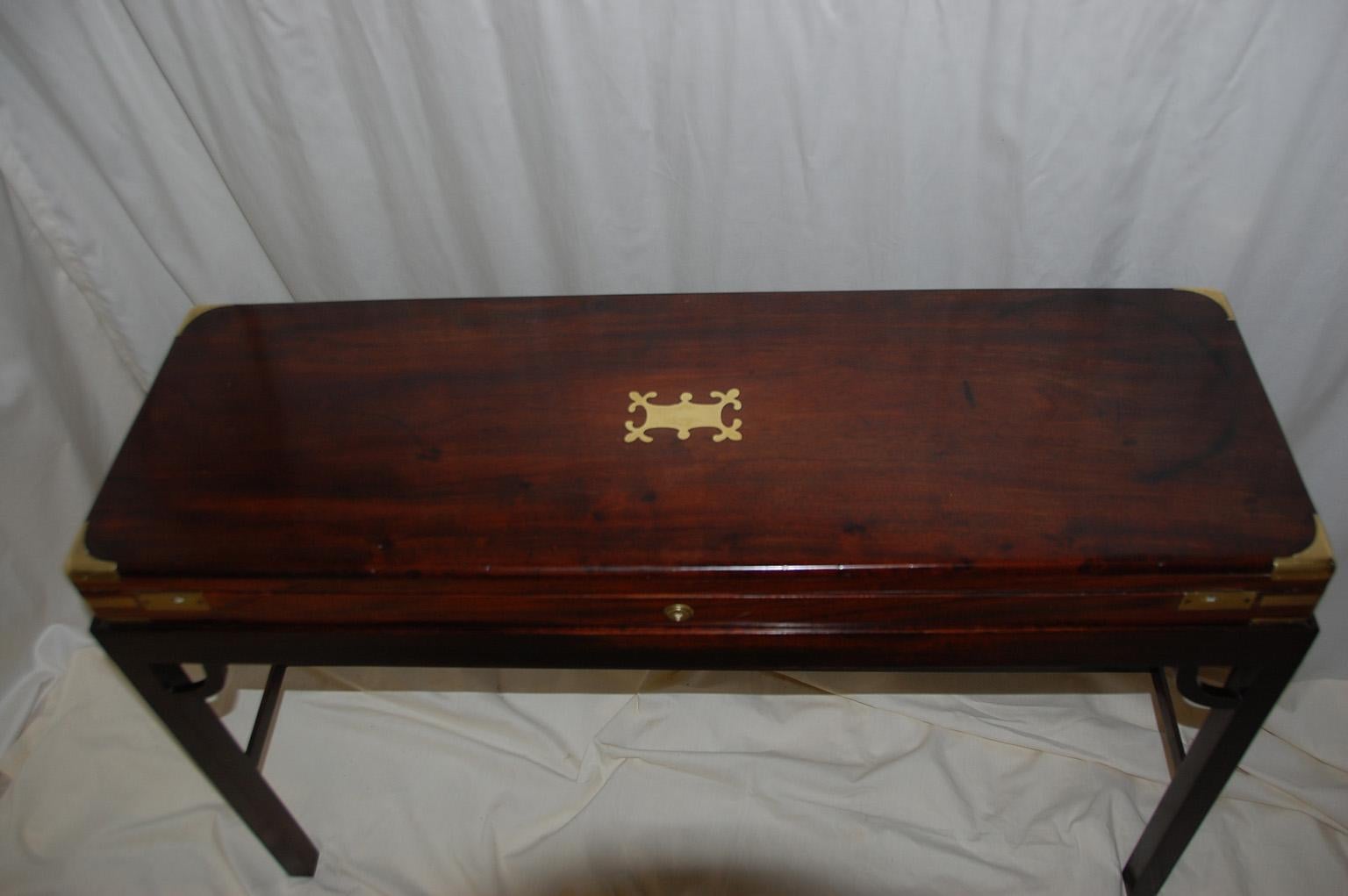 Campaign English Mid 19th Century Brass Bound Mahogany Gun Box on Custom Made Stand For Sale