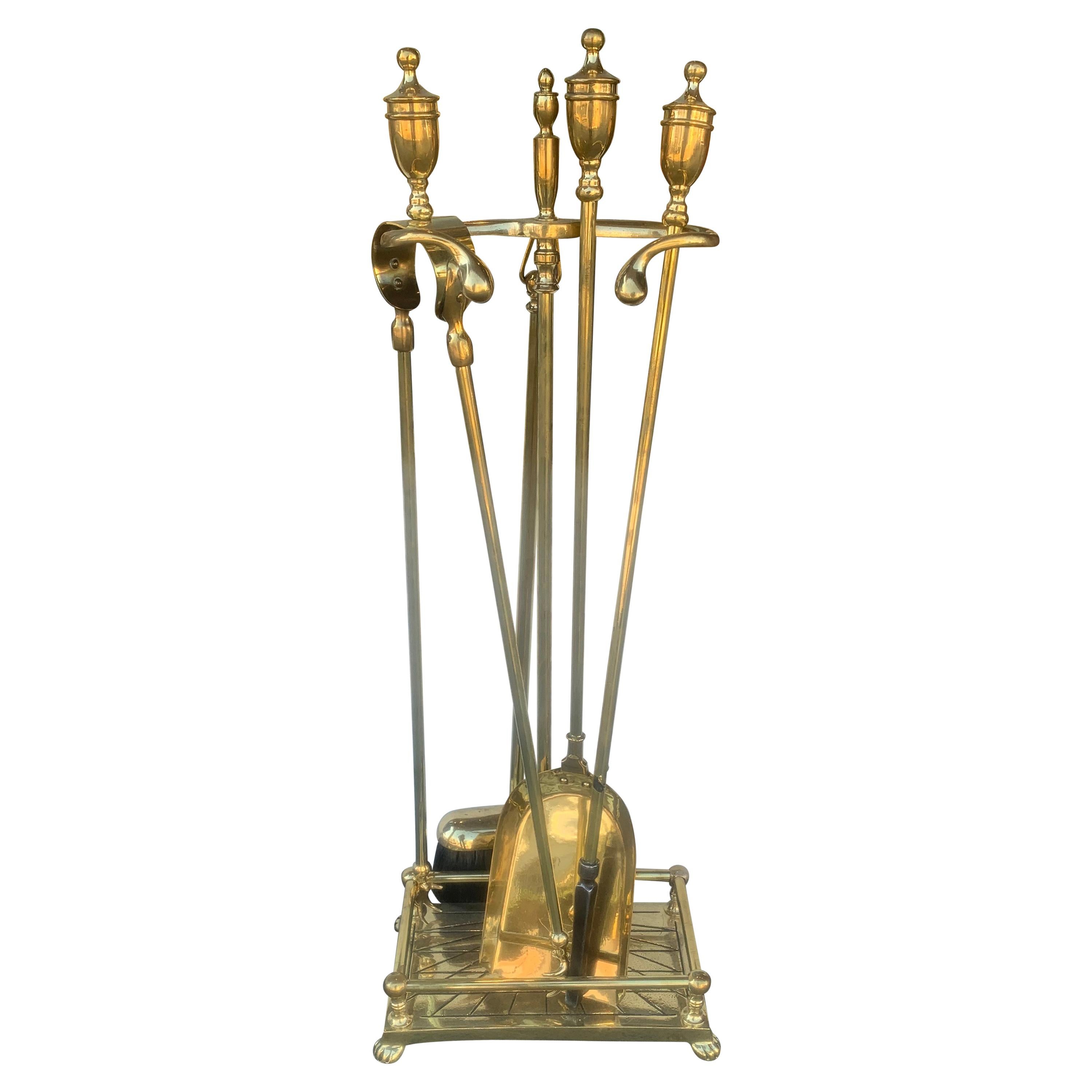 English Mid-19th Century Brass Fire Tools with Stand