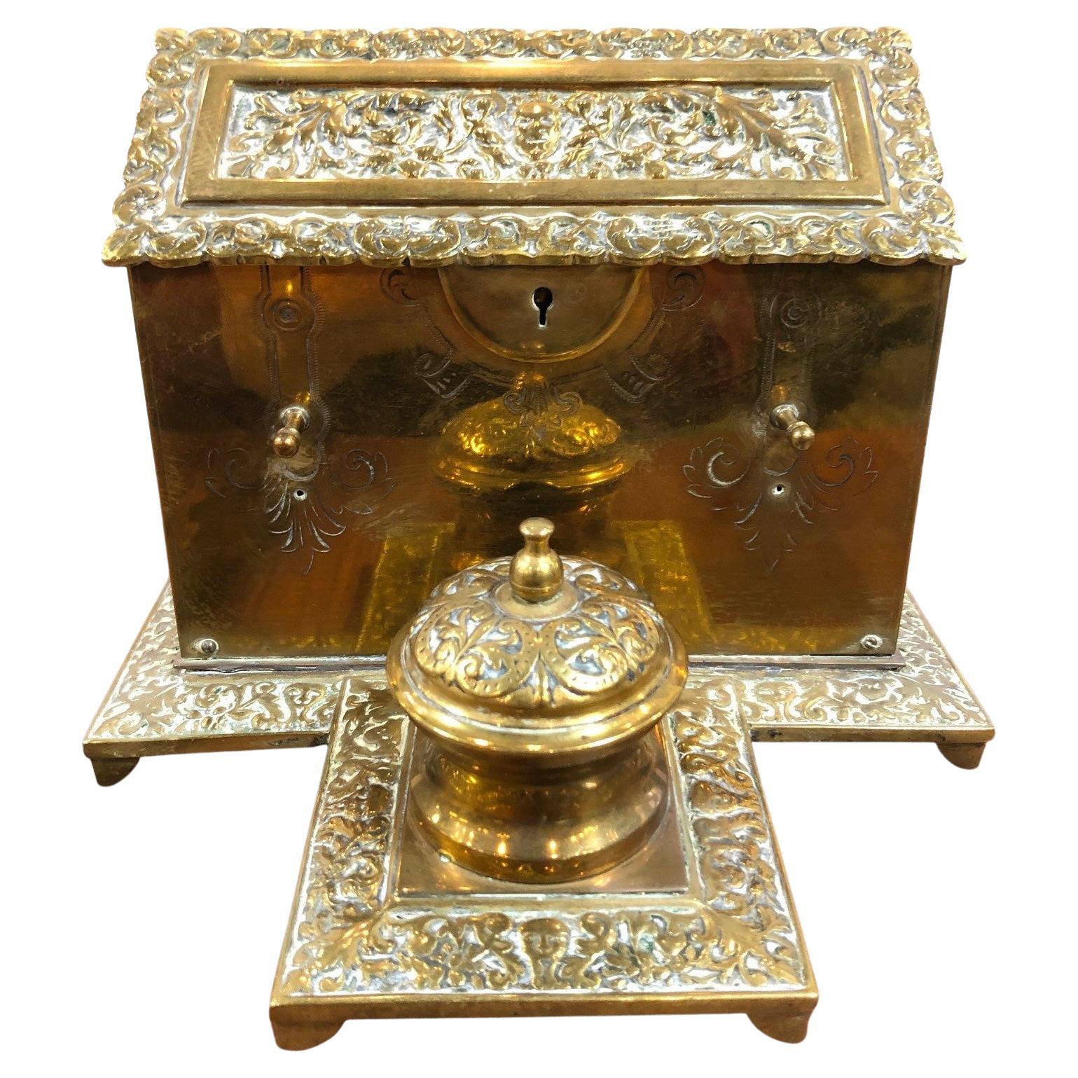 English Mid-19th Century Brass Stationary Box with Inkwell For Sale