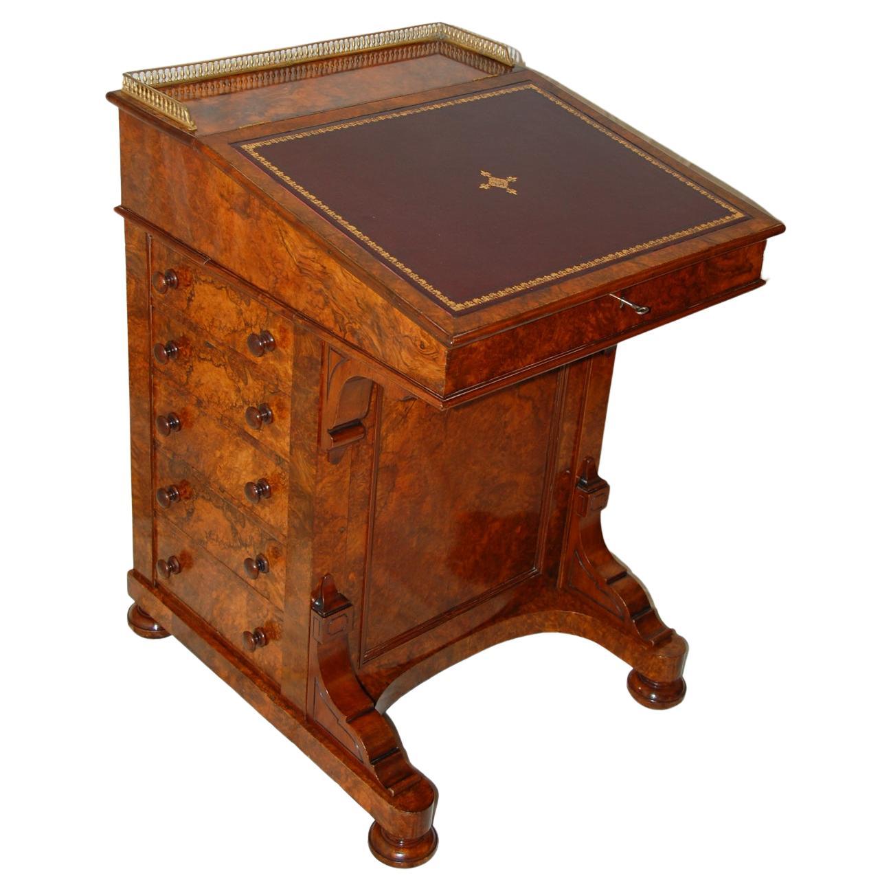 English Mid-19th Century Burl Walnut Davenport Desk with Leathered Writing Slope