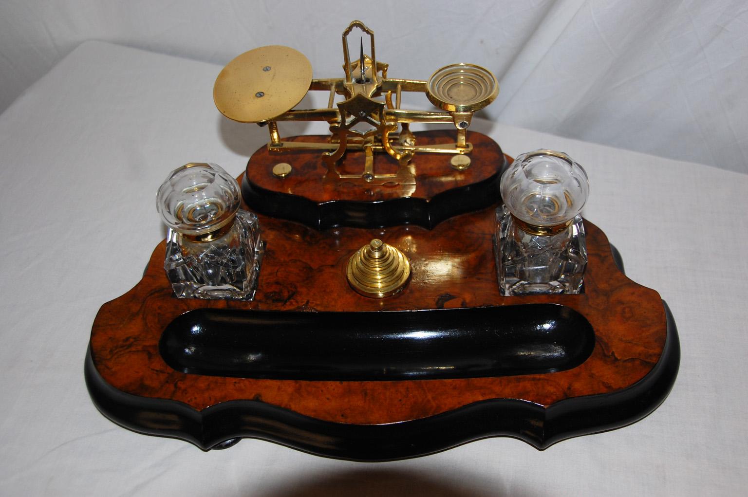 Victorian English Mid 19th Century Burl Walnut Double Inkstand, Postal Scale and Pen Rest