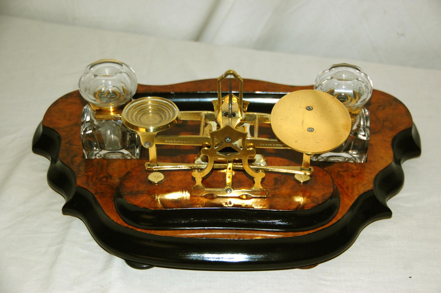 English Mid 19th Century Burl Walnut Double Inkstand, Postal Scale and Pen Rest 1
