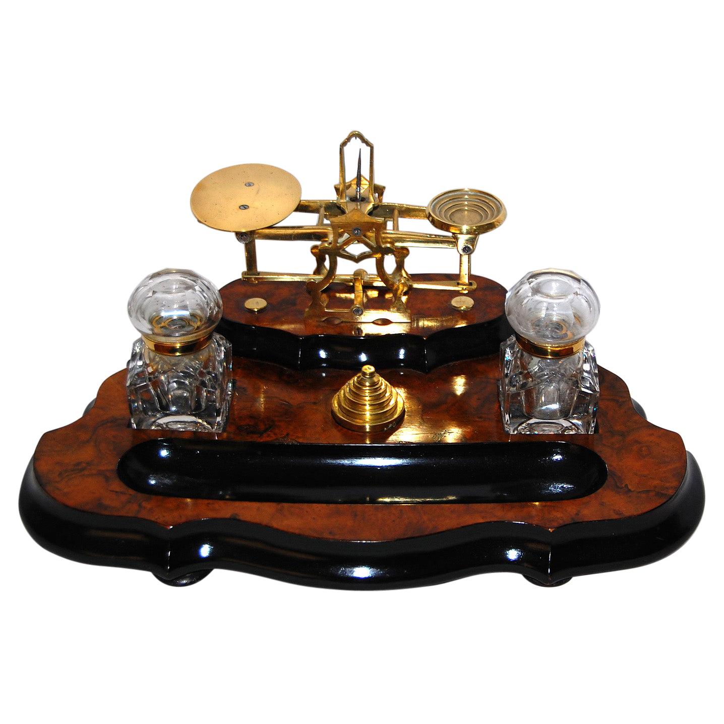 English Mid 19th Century Burl Walnut Double Inkstand, Postal Scale and Pen Rest
