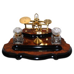 Antique English Mid 19th Century Burl Walnut Double Inkstand, Postal Scale and Pen Rest