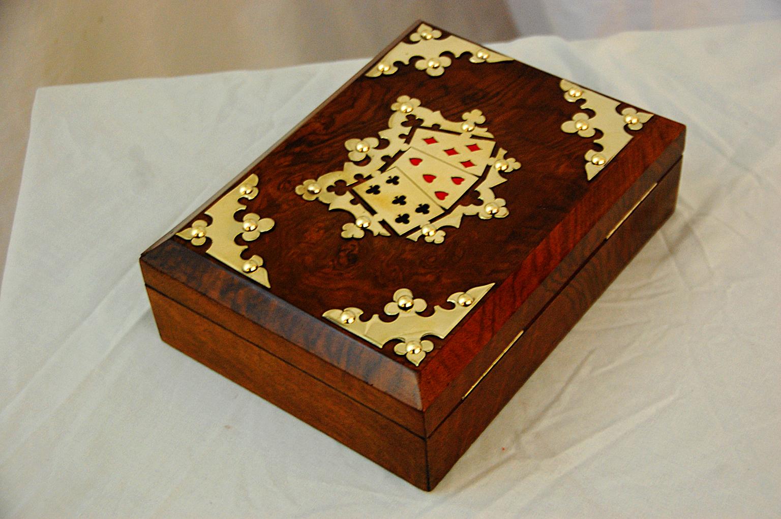 English Mid-19th Century Burl Walnut with Brass Overlays Card Box and Counters In Good Condition In Wells, ME