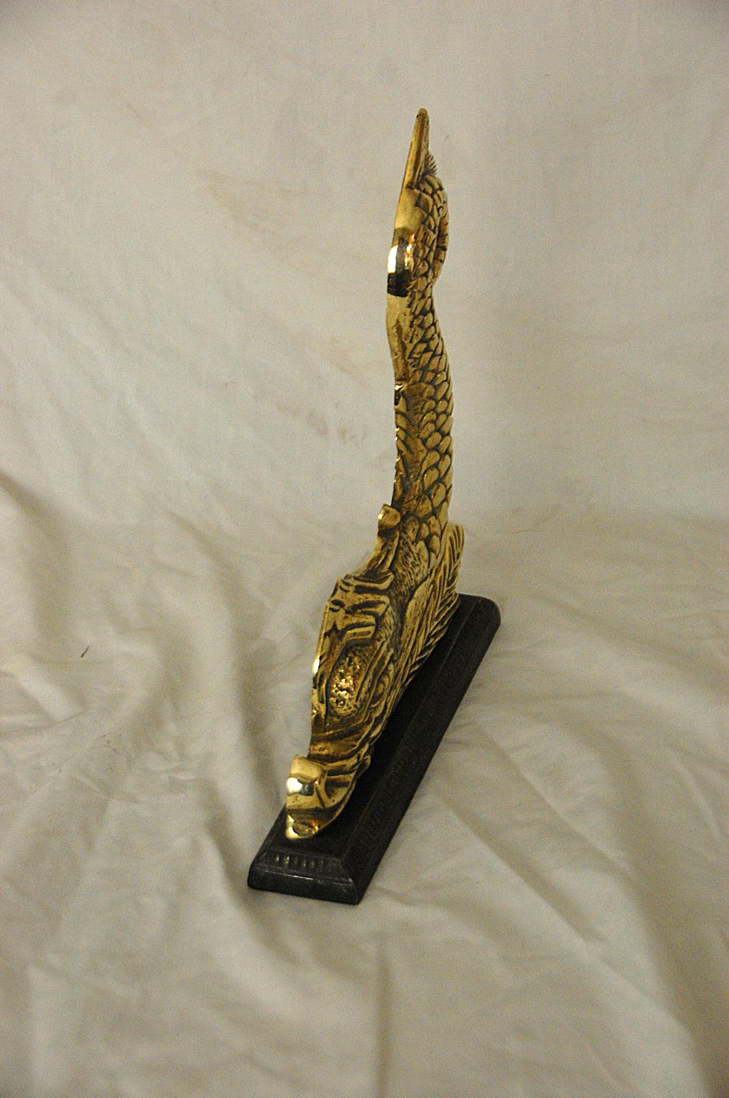 English Mid-19th Century Cast Brass Dolphin Doorstop on Cast Iron Plinth In Good Condition In Wells, ME