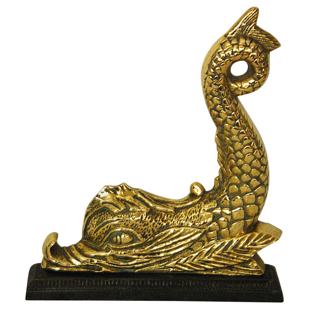 English Mid-19th Century Cast Brass Dolphin Doorstop on Cast Iron Plinth