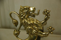 English Mid 19th Century Cast Brass Rampant Lion Andirons with Iron Log Holders