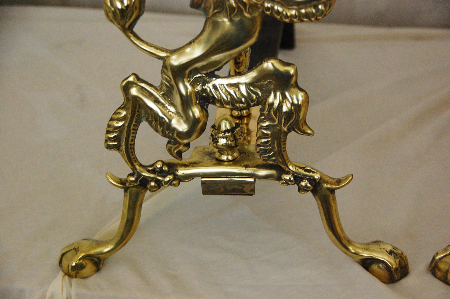 Early Victorian English Mid 19th Century Cast Brass Rampant Lion Andirons with Iron Log Holders