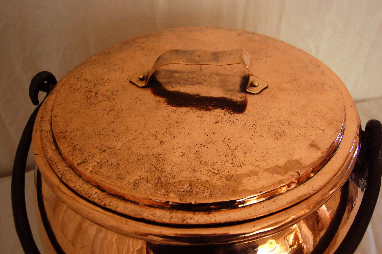 English Mid 19th Century Copper Bellied Cauldron and Lid 1