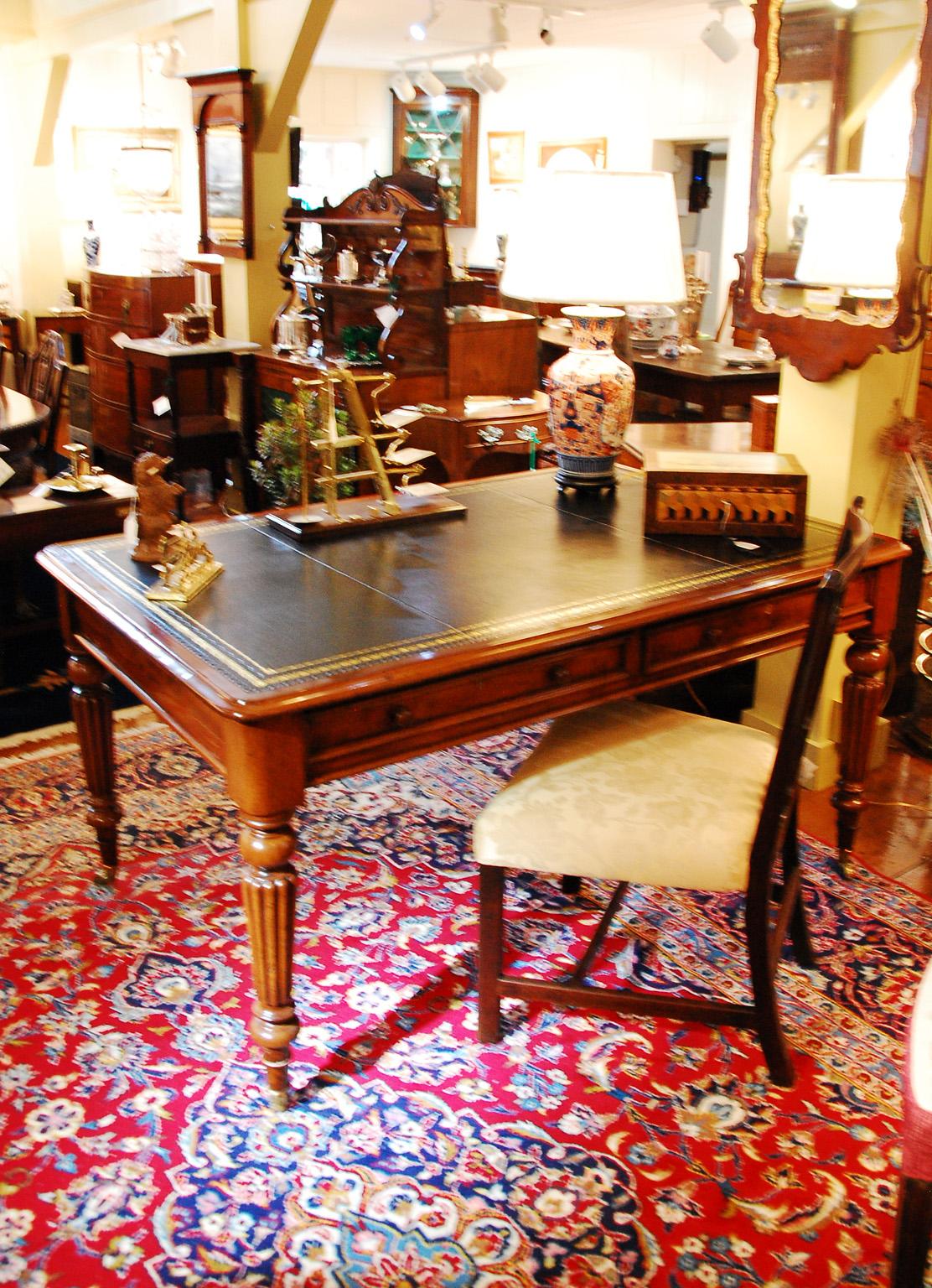 English Mid 19th Century Executive Writing Table, Reeded Legs Black Leather Top 6