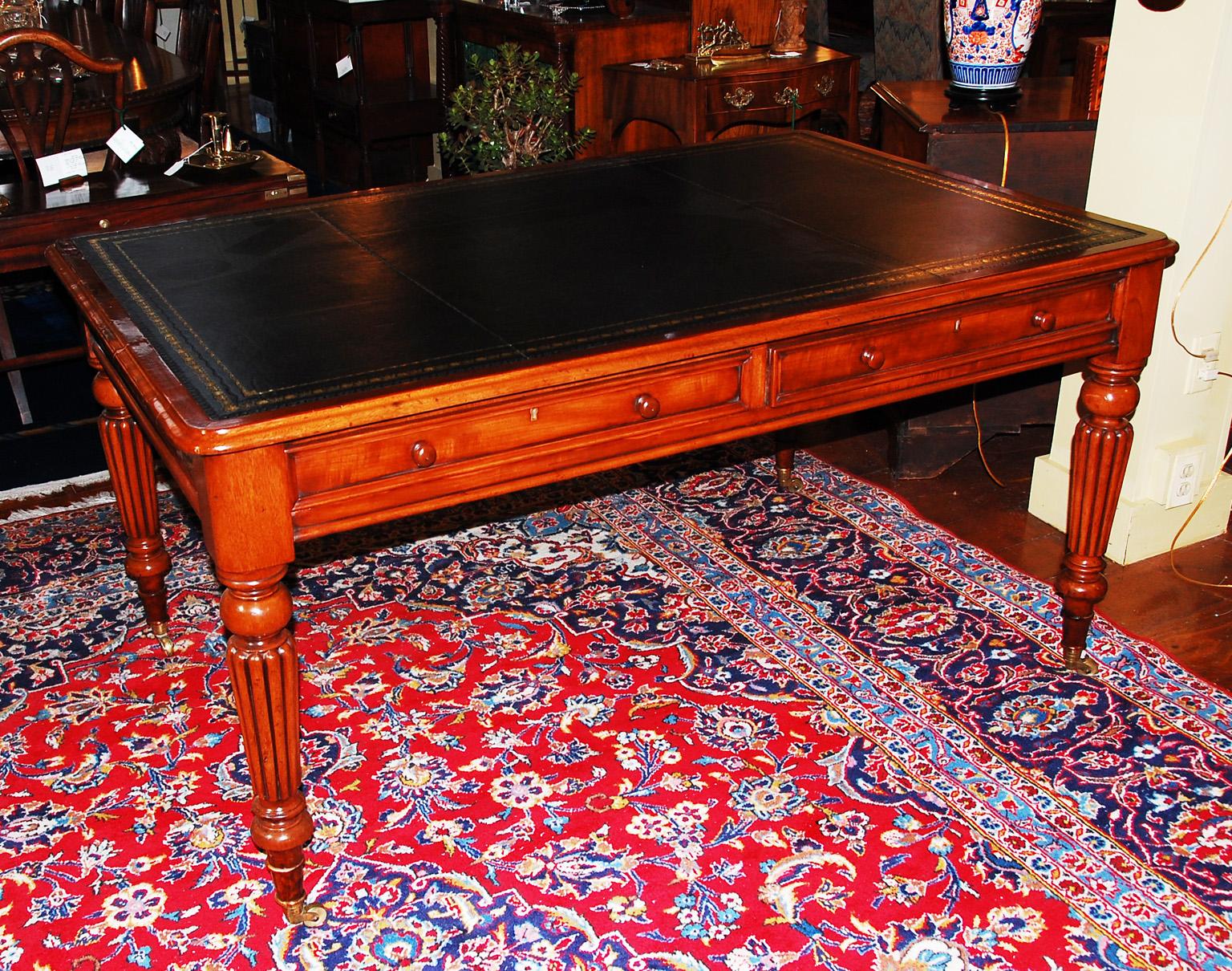 Early Victorian English Mid 19th Century Executive Writing Table, Reeded Legs Black Leather Top