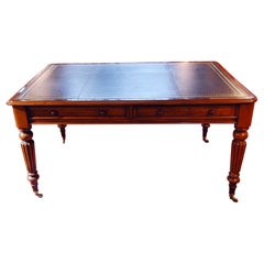 English Mid 19th Century Executive Writing Table, Reeded Legs Black Leather Top