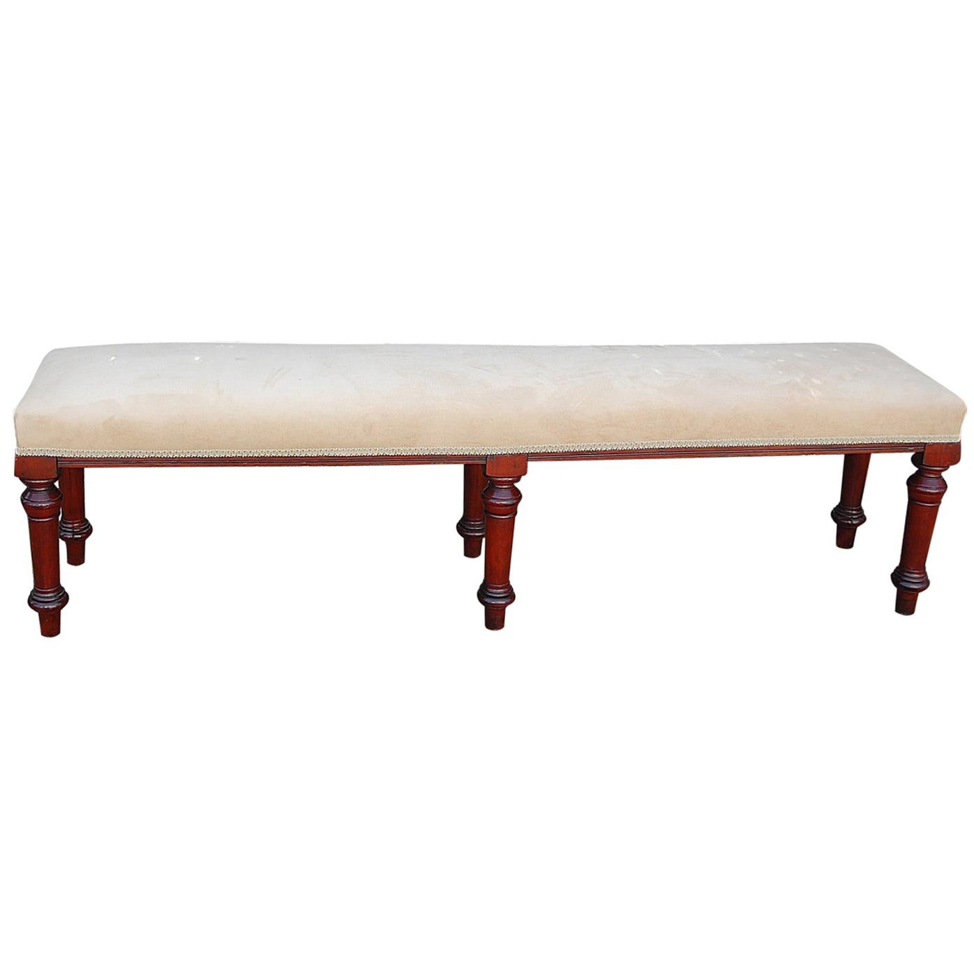 English Mid-19th Century Mahogany Upholstered, Long Bench
