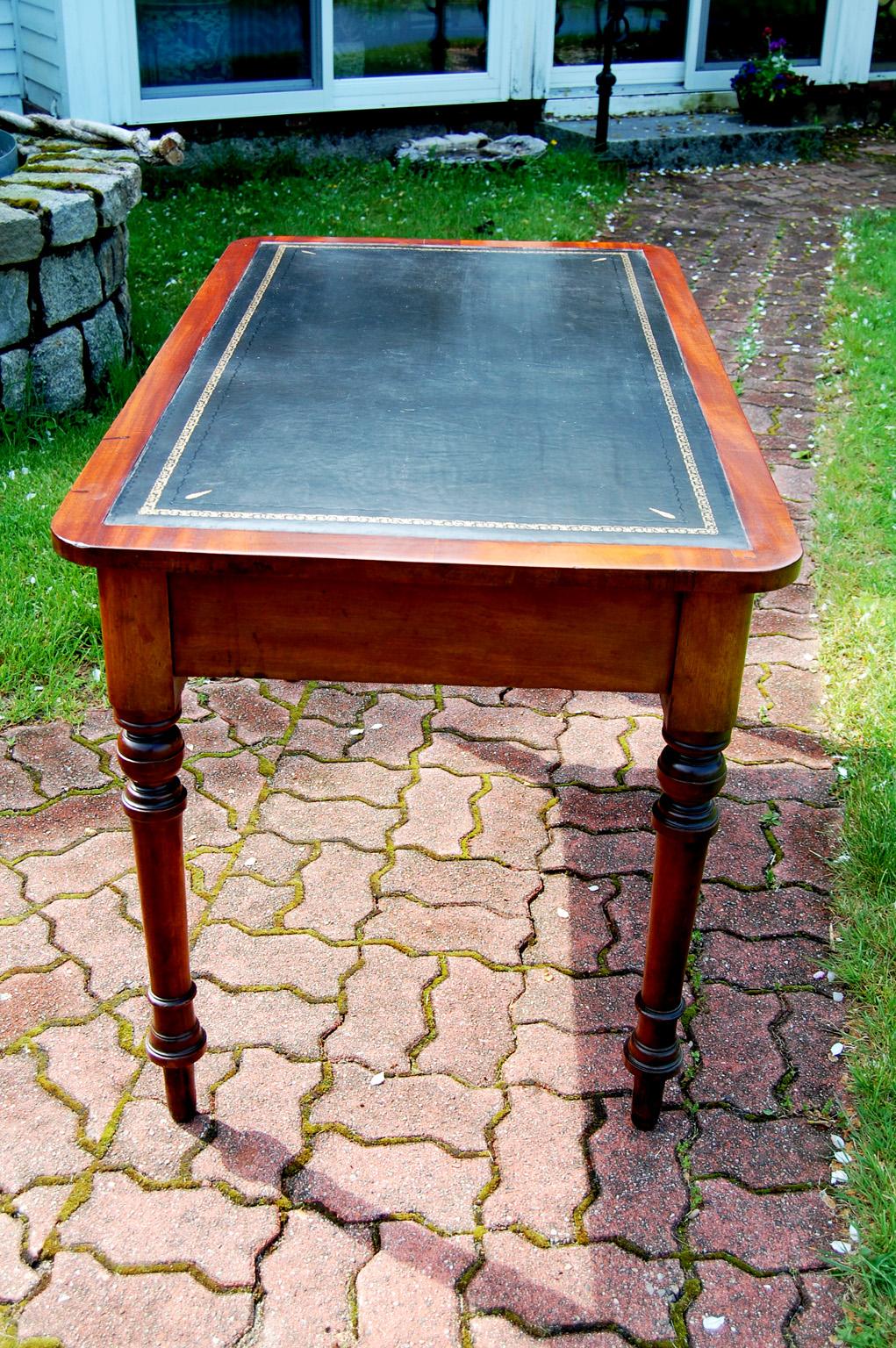 Brass English Mid 19th Century Mahogany Writing Table with Tooled Leather, Turned Legs