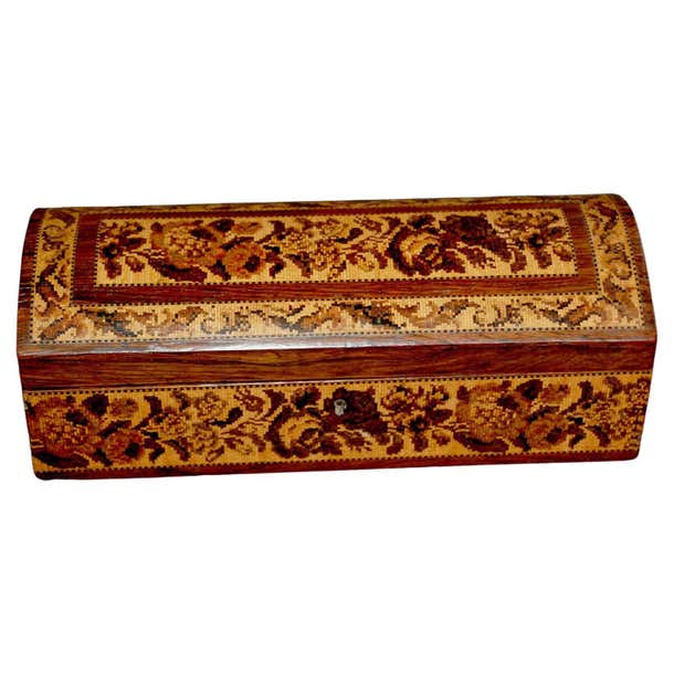 English Mid 19th Century Micro Tunbridge Glove Box with Makers Label ...