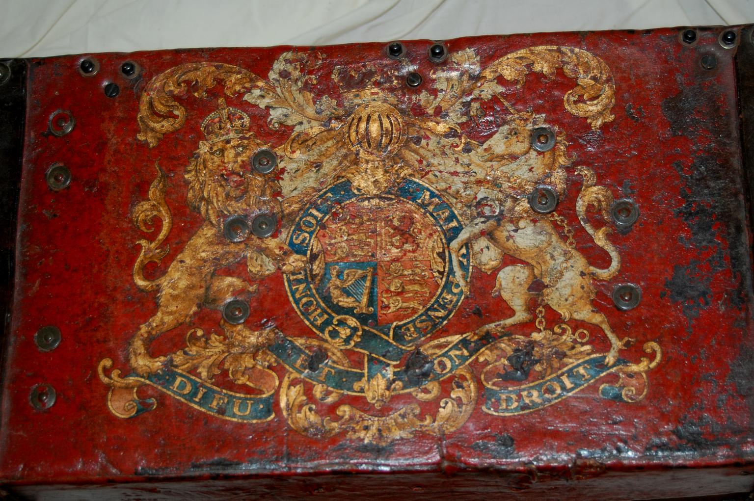 Campaign English Mid-19th Century Military Munitions Box with Royal Mottos, Coat of Arms For Sale