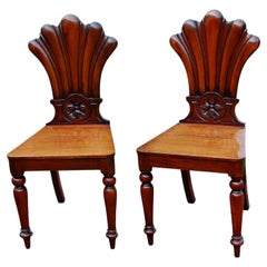 English Mid 19th Century Pair of Hall Chairs, Carved Mahogany, Shell and Flowers