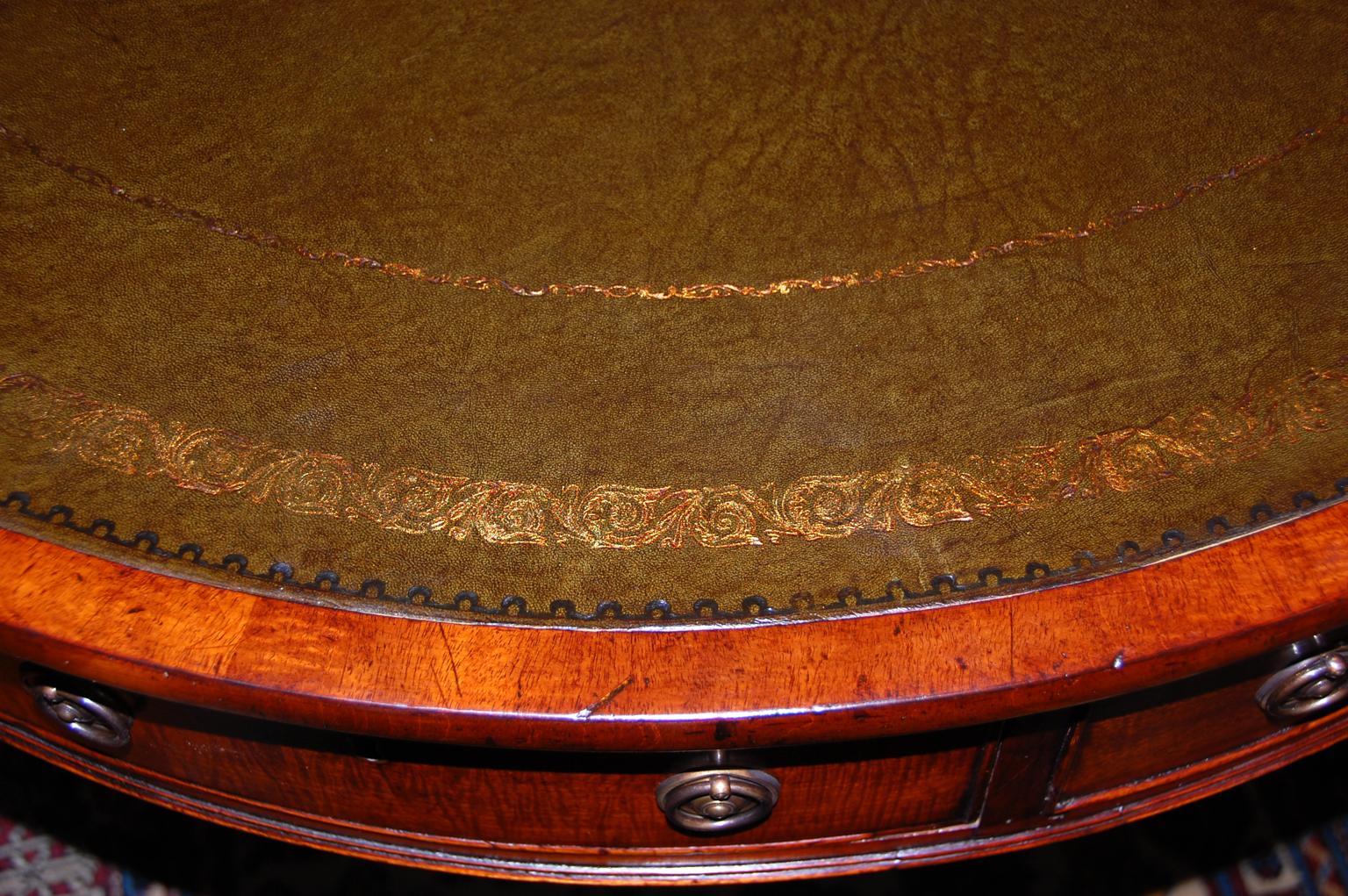 English Mid-19th Century Regency Style Mahogany Drum Table, Tooled Leather Top In Good Condition In Wells, ME