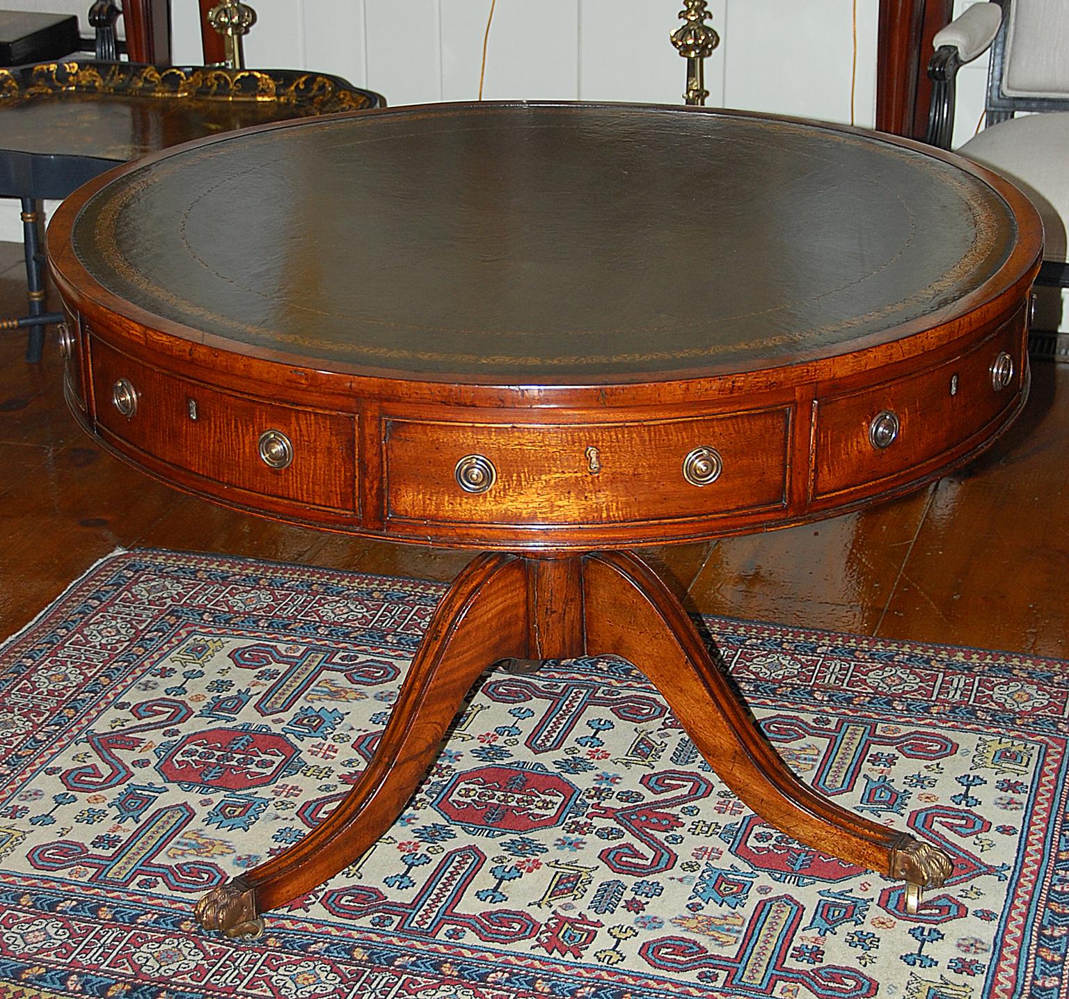 English Mid-19th Century Regency Style Mahogany Drum Table, Tooled Leather Top 2