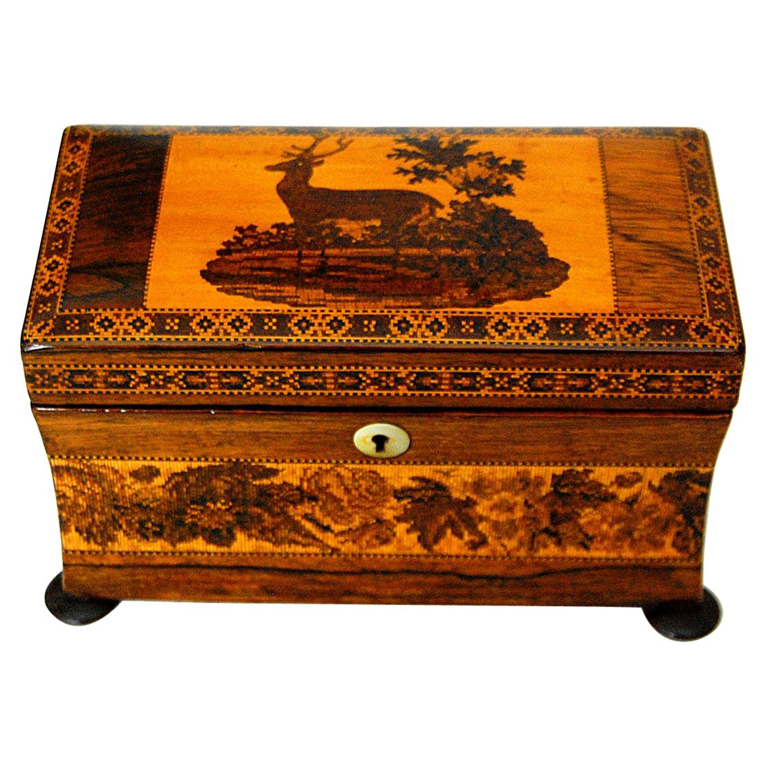 English Mid 19th Century Rosewood Tunbridge Inlaid Teacaddy with Deer and Fawn