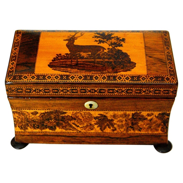 English Mid 19th Century Rosewood Tunbridge Inlaid Teacaddy with Deer and  Fawn For Sale at 1stDibs