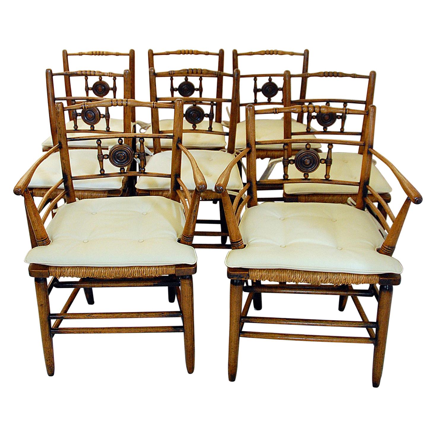 English Mid-19th Century Set of Eight Sussex Elm Rush Seated Dining Chairs