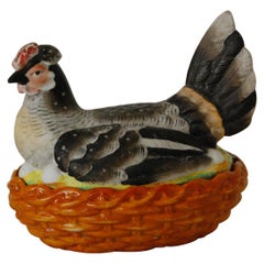 Antique English Mid 19th Century Staffordshire Chicken on a Basket with Five Eggs
