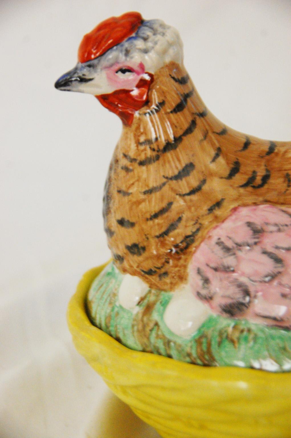 Victorian English Mid 19th Century Staffordshire Ironstone Chicken on a Yellow Basket