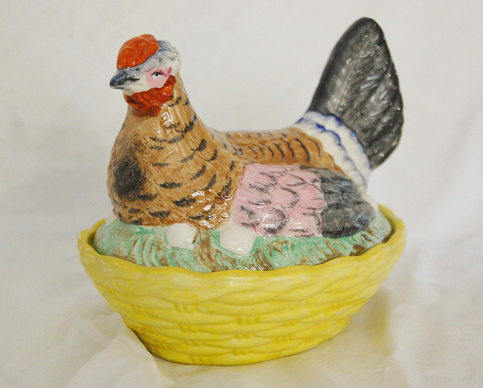 Hand-Painted English Mid 19th Century Staffordshire Ironstone Chicken on a Yellow Basket