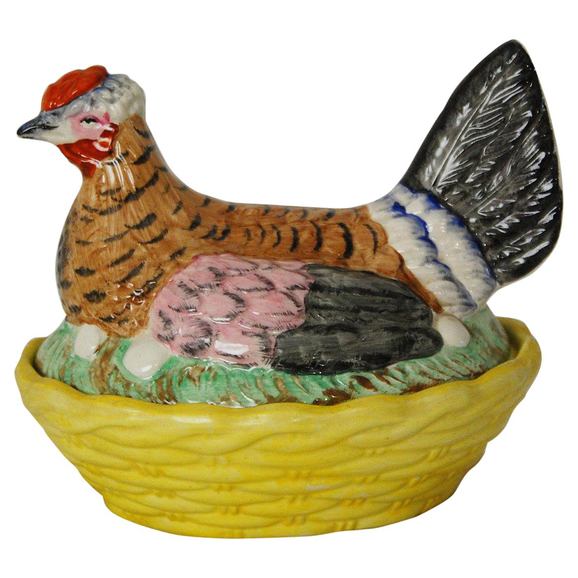 English Mid 19th Century Staffordshire Ironstone Chicken on a Yellow Basket