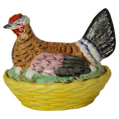 Antique English Mid 19th Century Staffordshire Ironstone Chicken on a Yellow Basket