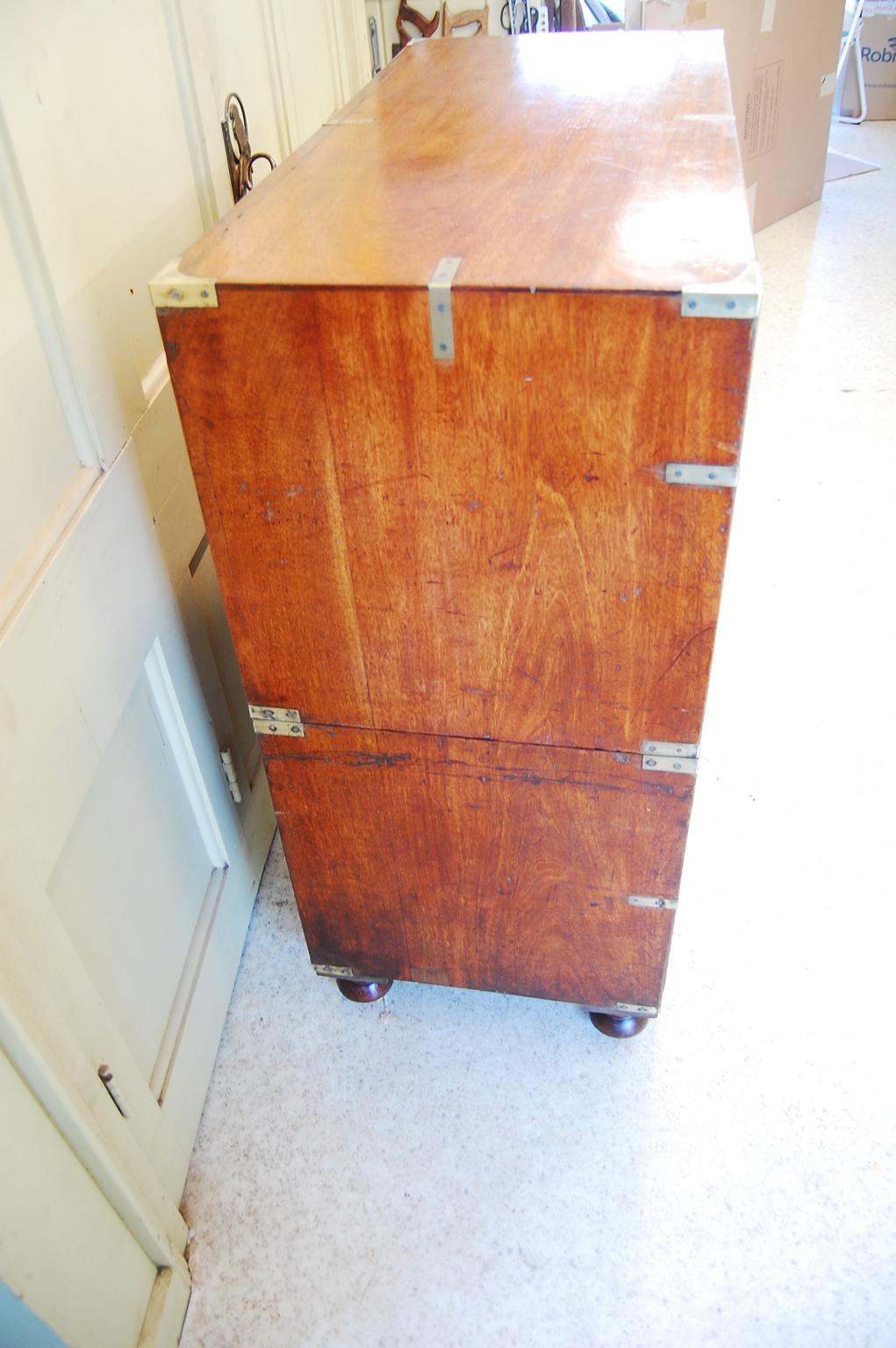 Brass English Mid 19th Century Teak Military Chest of Drawers in Two Parts For Sale