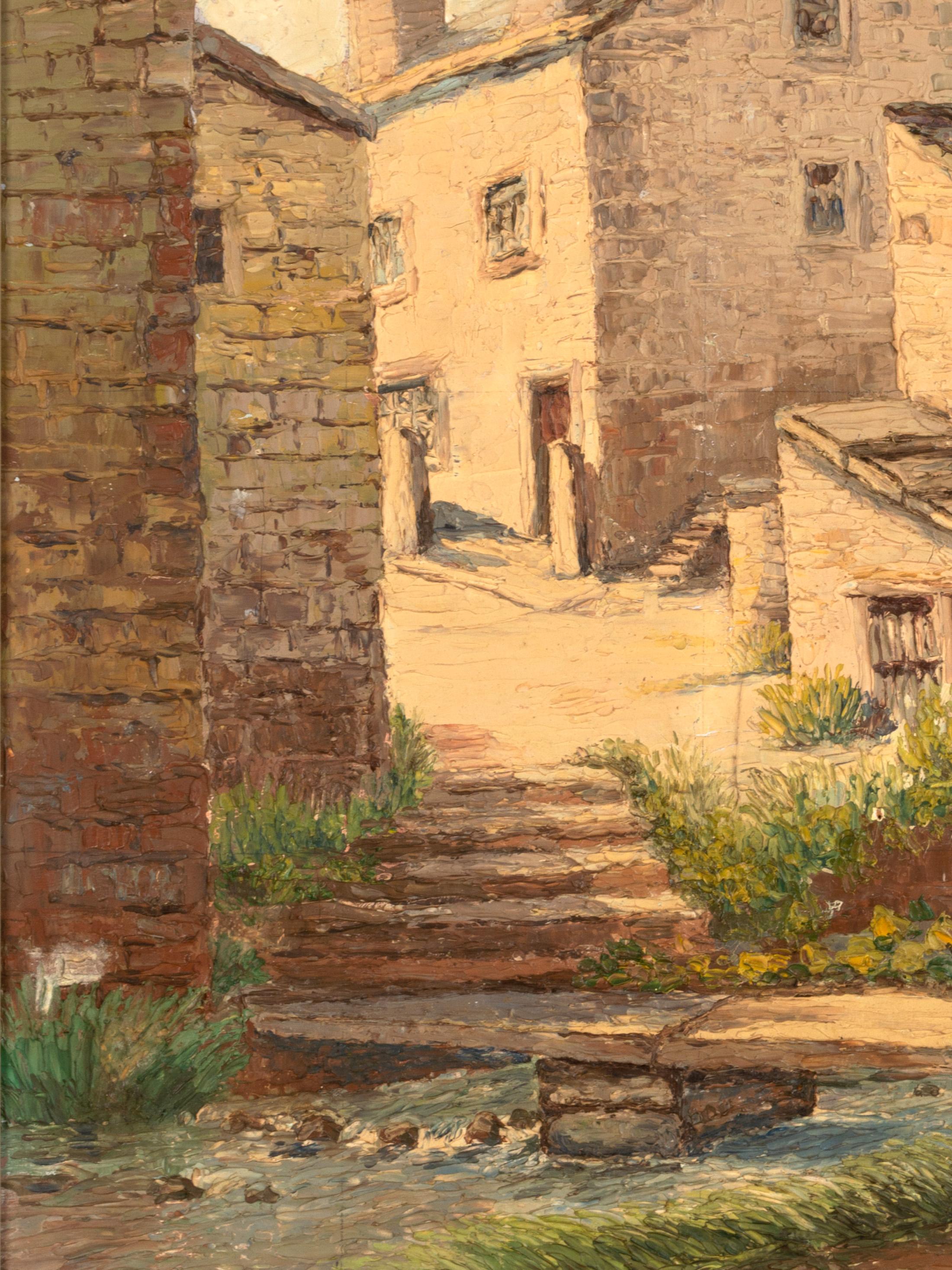An English Mid 20th Century oil on Board of a Yorkshire Street Scene Signed A. Dransfield C.1960.

A skilfully executed painting. The label to the reverse indicates that the piece was exhibited in Bradford Museums Cartwright Hall Art Gallery in