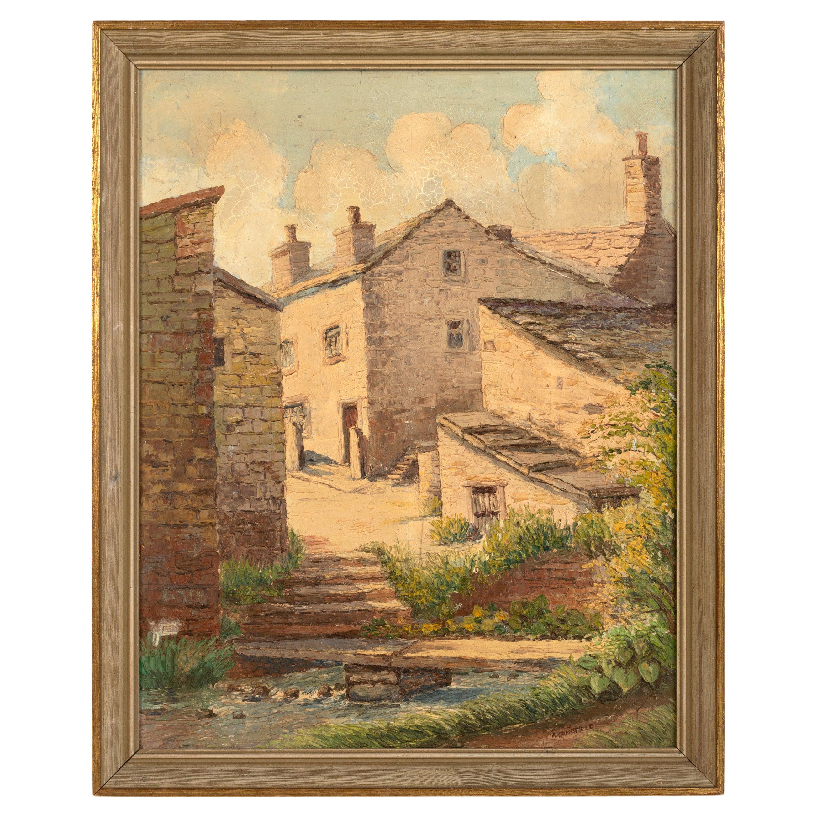 English Mid 20th Century Oil on Board Yorkshire Street Scene by A. Dransfield For Sale