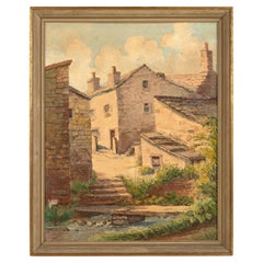Huile sur panneau du milieu du 20e siècle représentant une scène de rue du Yorkshire par A. Dransfield