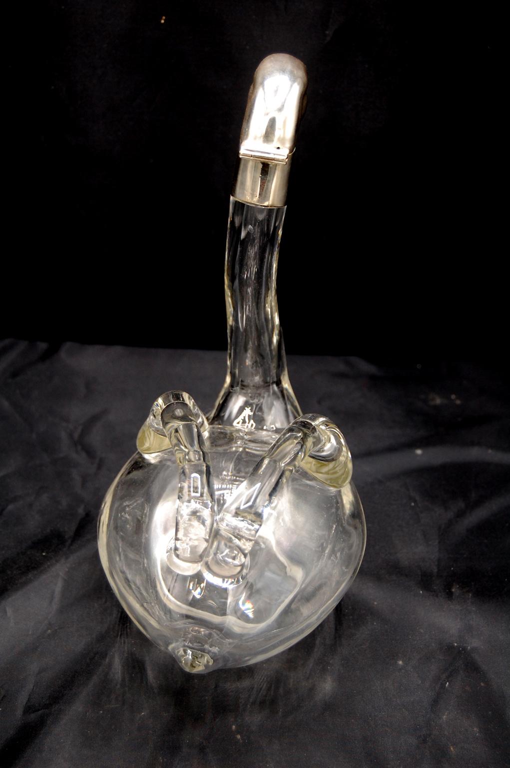 Mid-Century Modern English Mid 20th Century Pair of Swan Decanters Blown Glass and Silverplate