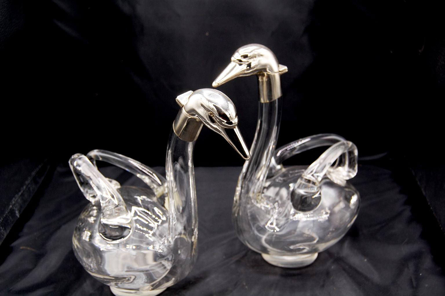 Silver Plate English Mid 20th Century Pair of Swan Decanters Blown Glass and Silverplate