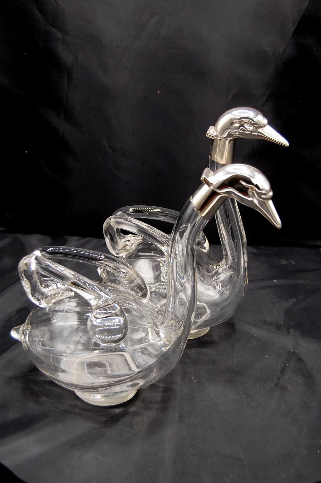 English Mid 20th Century Pair of Swan Decanters Blown Glass and Silverplate 1