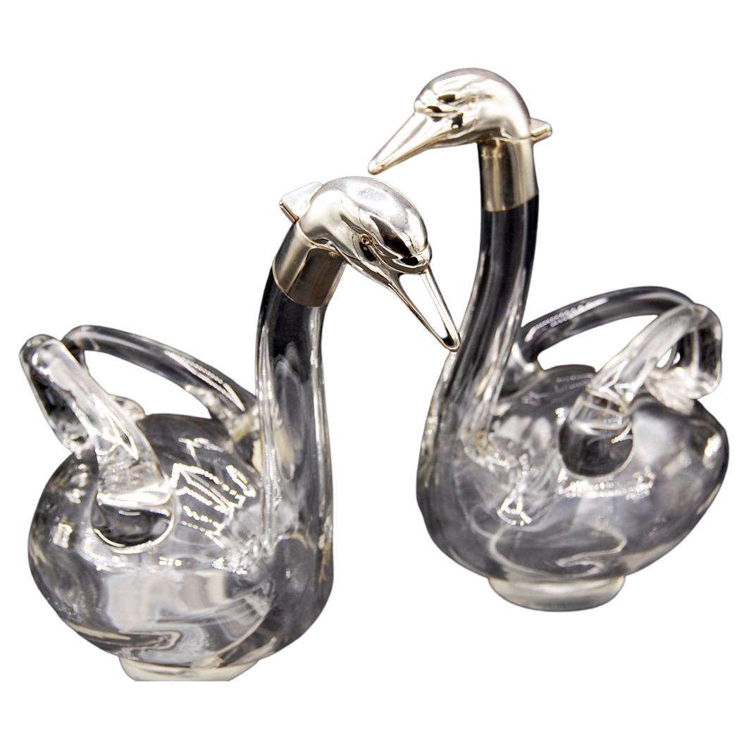 English Mid 20th Century Pair of Swan Decanters Blown Glass and Silverplate