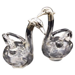 Vintage English Mid 20th Century Pair of Swan Decanters Blown Glass and Silverplate