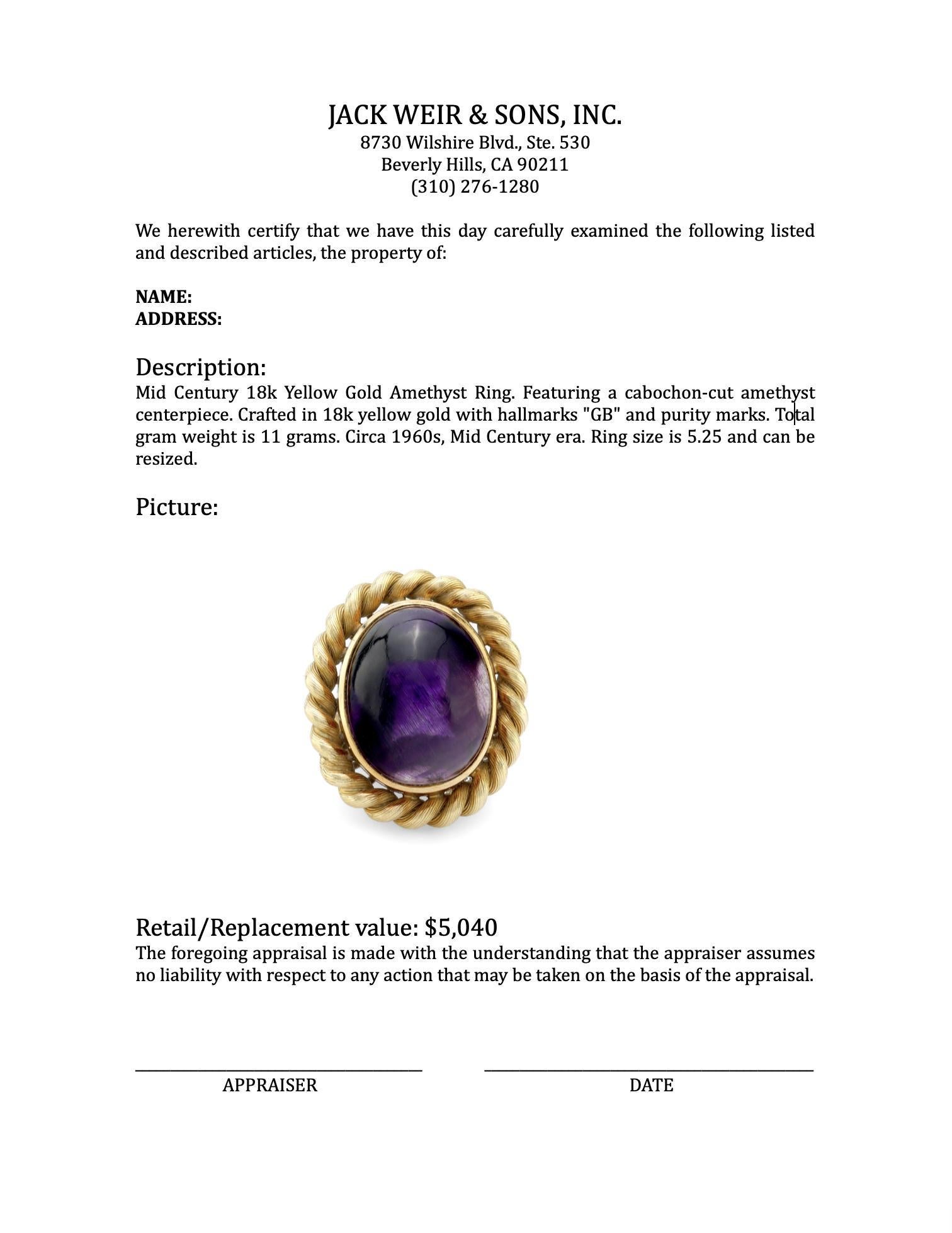 Women's or Men's English Mid-Century 18k yellow gold amethyst ring For Sale