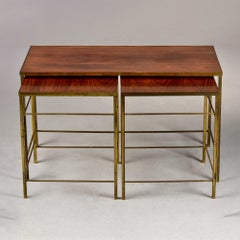 English Mid Century Brass and Wood Trio of Stacking Tables