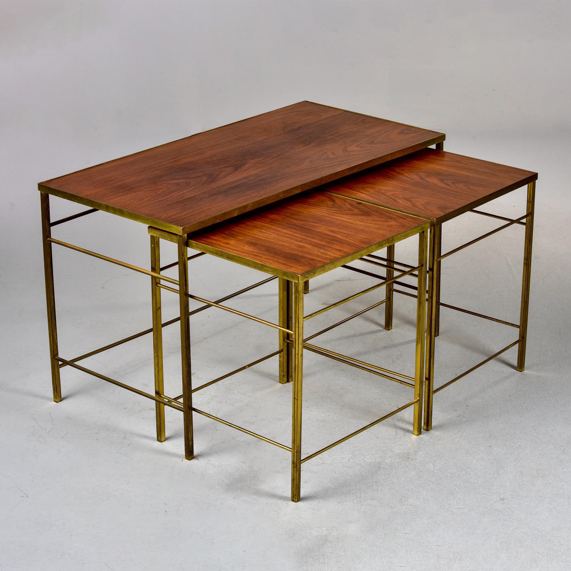 Mid-Century Modern English Mid Century Brass and Wood Trio of Stacking Tables For Sale