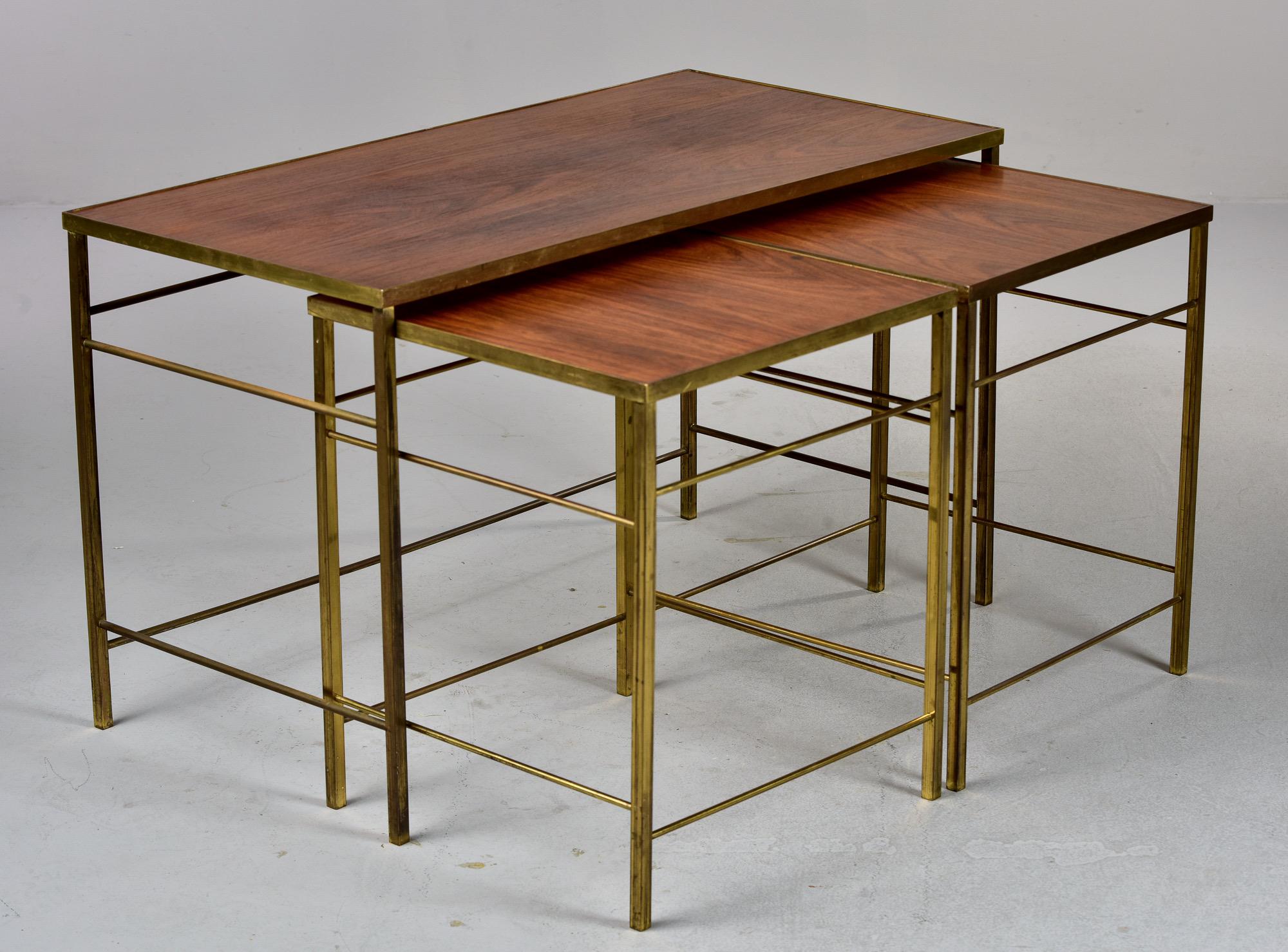 English Mid Century Brass and Wood Trio of Stacking Tables In Good Condition For Sale In Troy, MI
