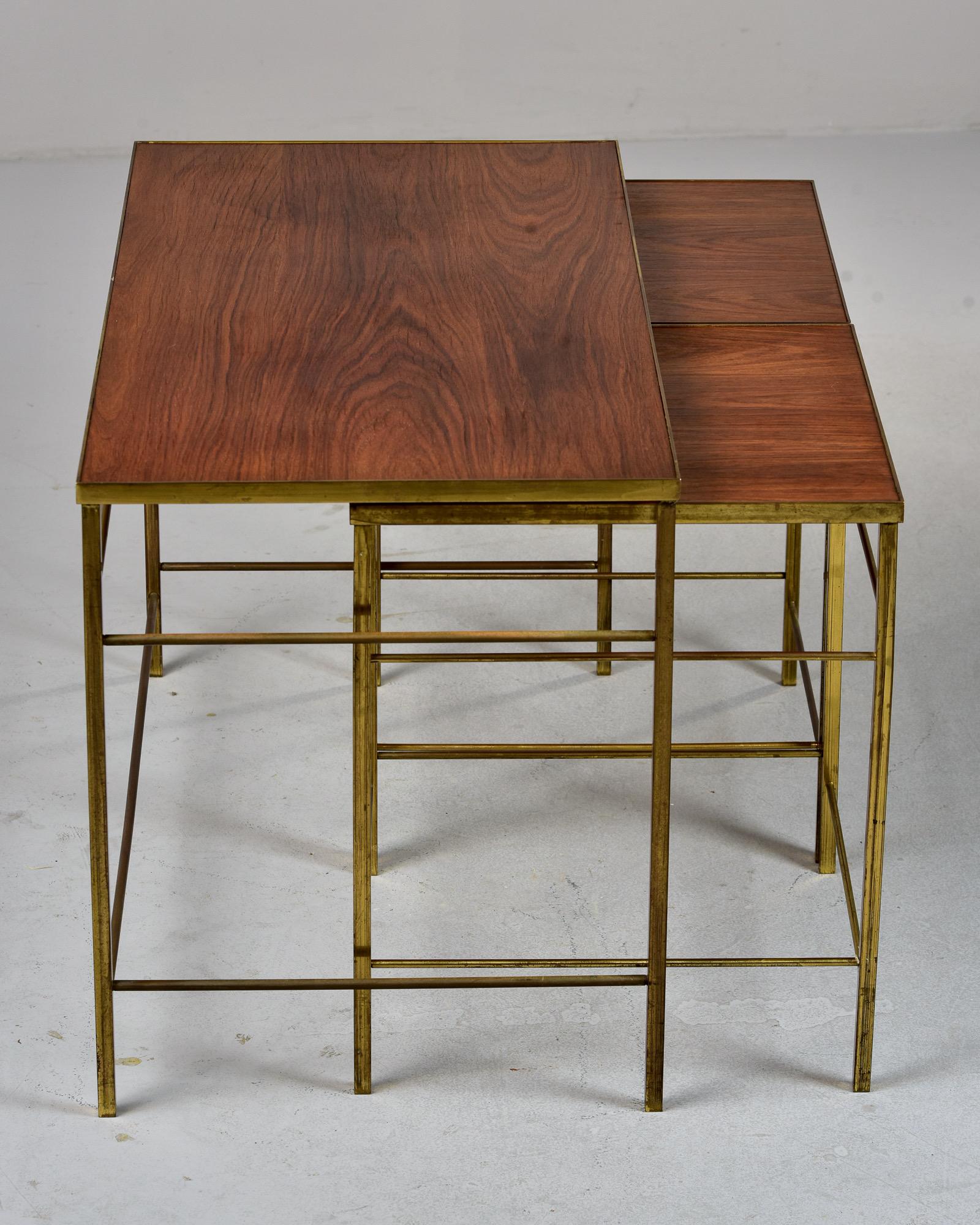 20th Century English Mid Century Brass and Wood Trio of Stacking Tables For Sale