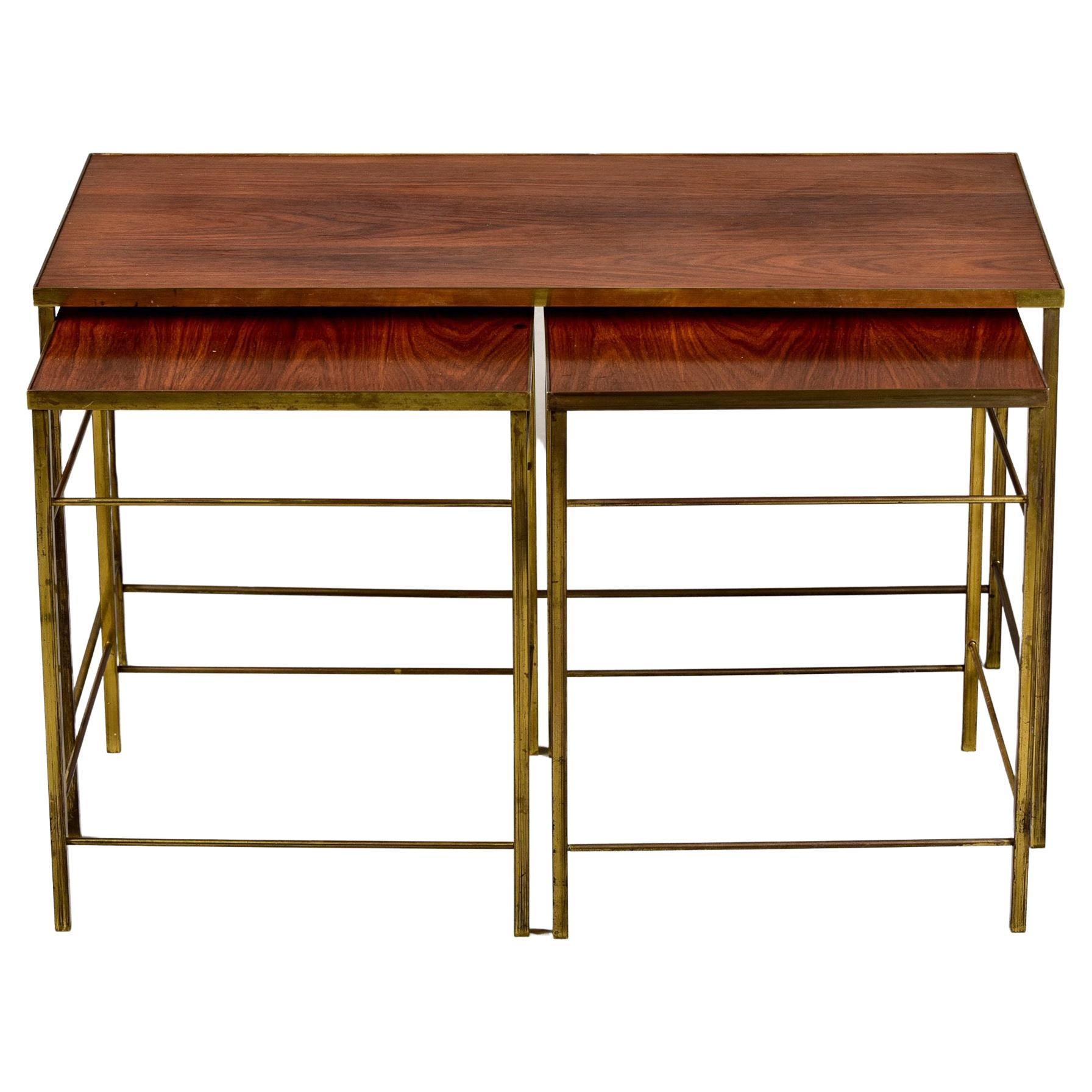 English Mid Century Brass and Wood Trio of Stacking Tables For Sale