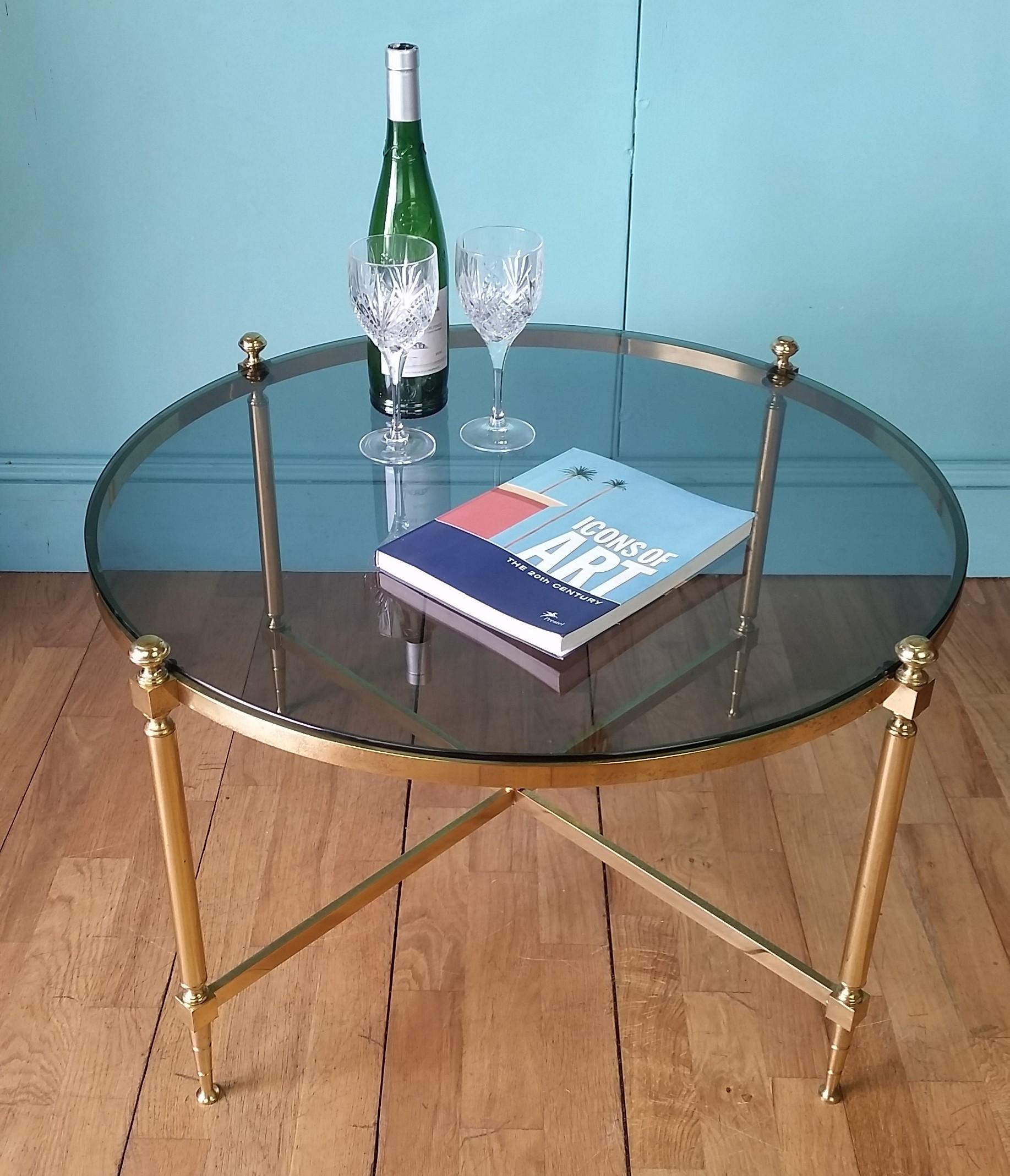 Polished English mid century brass coffee table For Sale